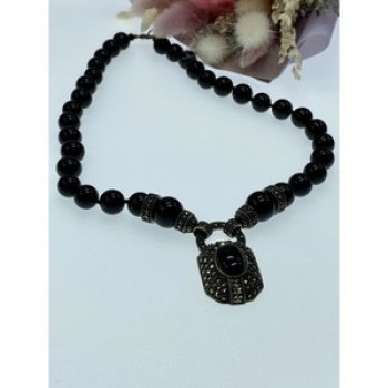Vintage 925 Sterling Silver Black Jade and Marcasites Necklace