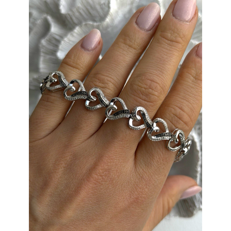 925 Sterling Silver Black & White Diamonds Heart Bracelet 7.5