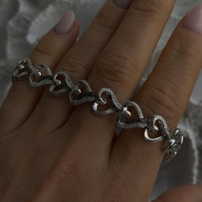 925 Sterling Silver Black & White Diamonds Heart Bracelet 7.5