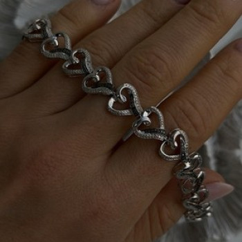 925 Sterling Silver Black & White Diamonds Heart Bracelet 7.5