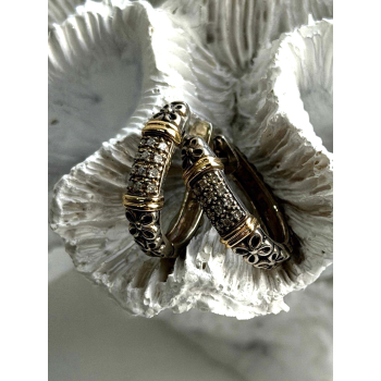 Vintage 925 Sterling Silver & 14K Yellow Gold Diamonds 0.19 ctw Earrings