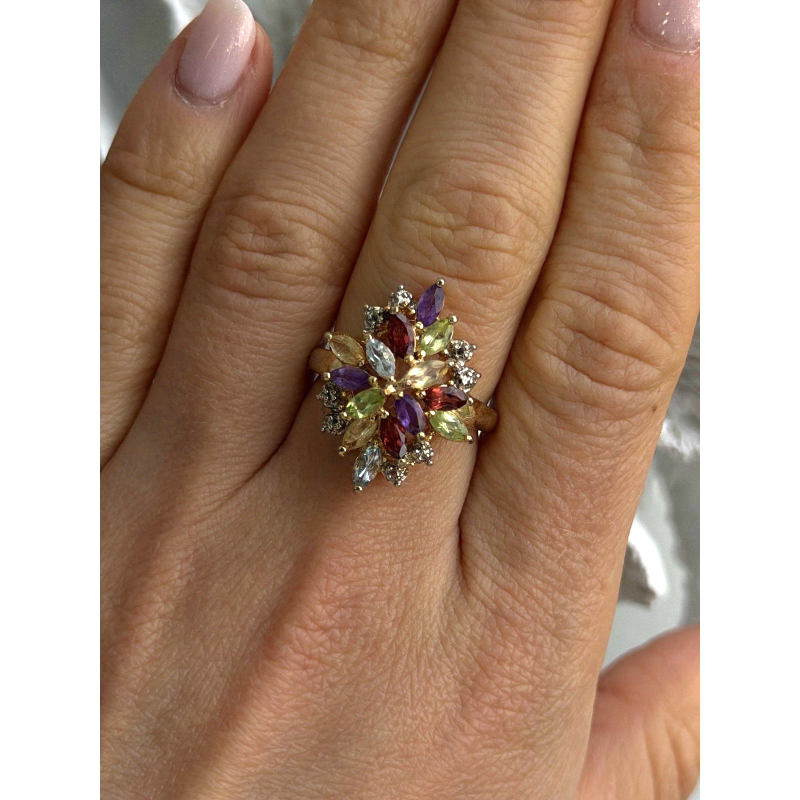 925 Sterling Silver Gold Plated Flower Multicolor Stones Ring Size 8