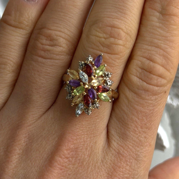 925 Sterling Silver Gold Plated Flower Multicolor Stones Ring Size 8
