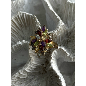925 Sterling Silver Gold Plated Flower Multicolor Stones Ring Size 8