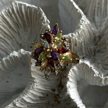 925 Sterling Silver Gold Plated Flower Multicolor Stones Ring Size 8