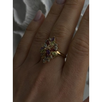 925 Sterling Silver Gold Plated Flower Multicolor Stones Ring Size 8