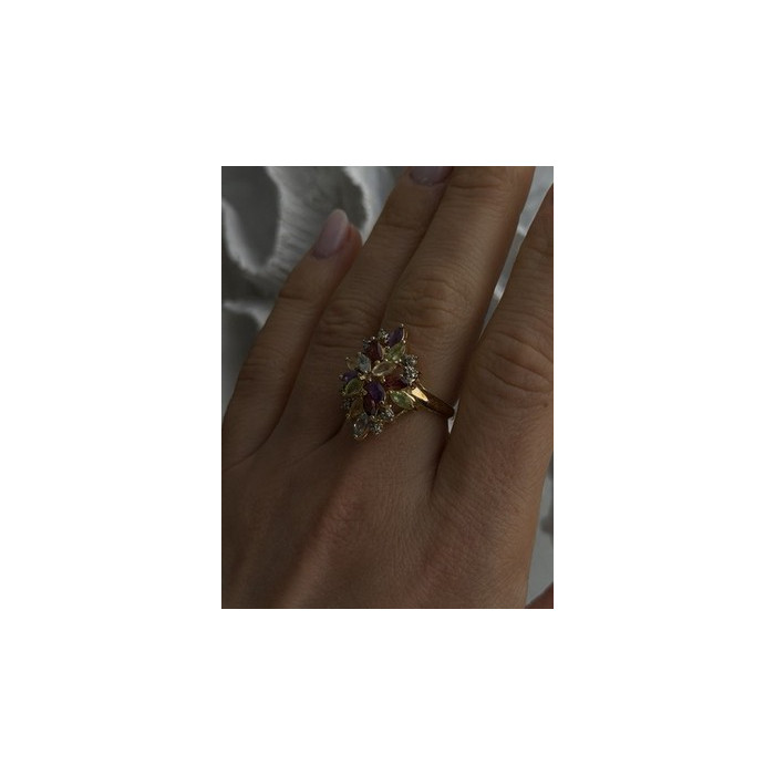 925 Sterling Silver Gold Plated Flower Multicolor Stones Ring Size 8