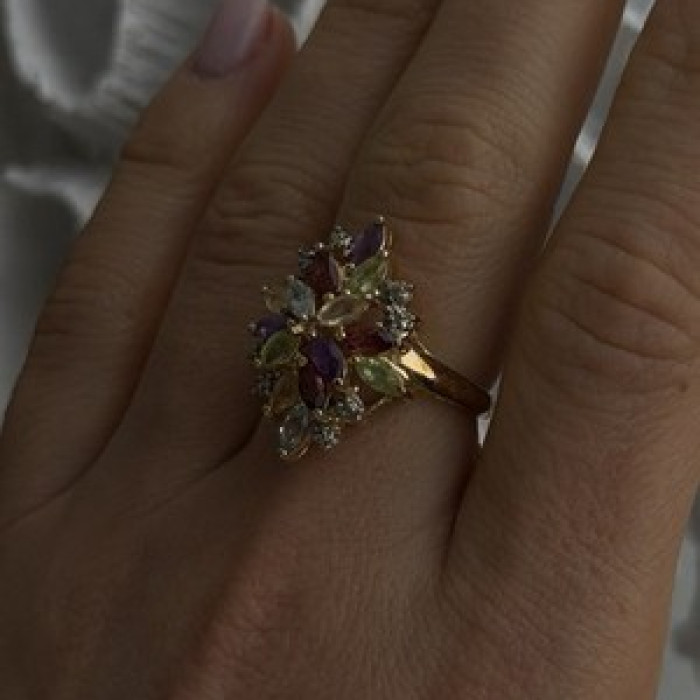 925 Sterling Silver Gold Plated Flower Multicolor Stones Ring Size 8
