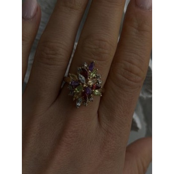 925 Sterling Silver Gold Plated Flower Multicolor Stones Ring Size 8