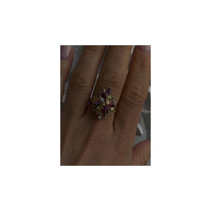 925 Sterling Silver Gold Plated Flower Multicolor Stones Ring Size 8