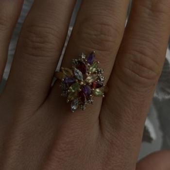 925 Sterling Silver Gold Plated Flower Multicolor Stones Ring Size 8