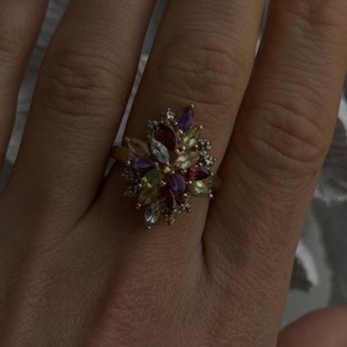 925 Sterling Silver Gold Plated Flower Multicolor Stones Ring Size 8