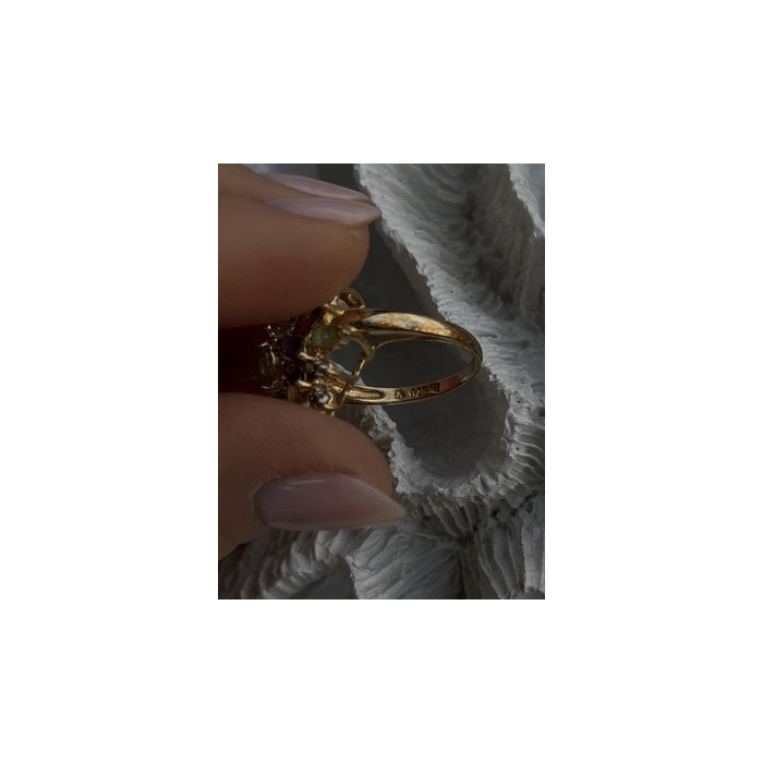 925 Sterling Silver Gold Plated Flower Multicolor Stones Ring Size 8