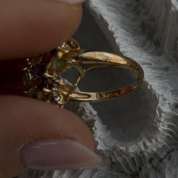 925 Sterling Silver Gold Plated Flower Multicolor Stones Ring Size 8