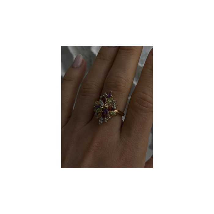 925 Sterling Silver Gold Plated Flower Multicolor Stones Ring Size 8
