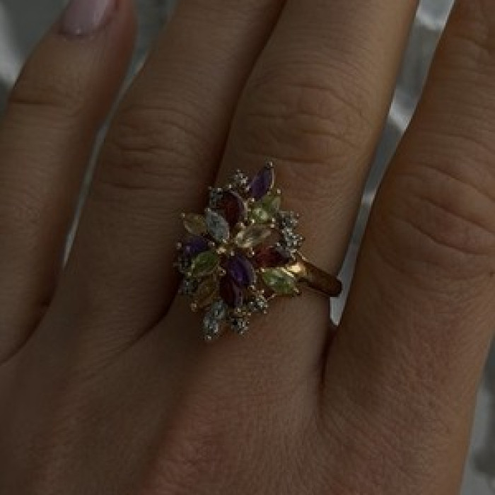 925 Sterling Silver Gold Plated Flower Multicolor Stones Ring Size 8