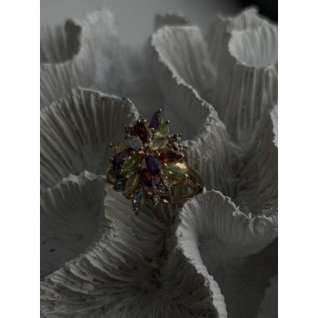 925 Sterling Silver Gold Plated Flower Multicolor Stones Ring Size 8