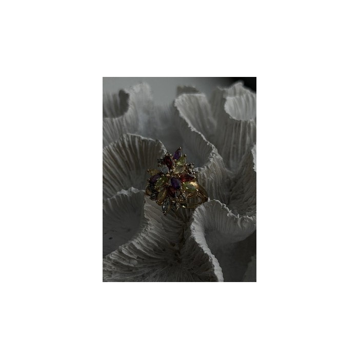 925 Sterling Silver Gold Plated Flower Multicolor Stones Ring Size 8