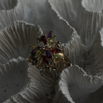 925 Sterling Silver Gold Plated Flower Multicolor Stones Ring Size 8