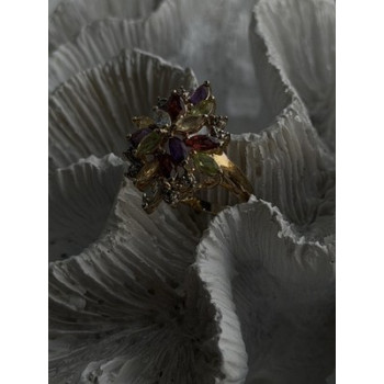 925 Sterling Silver Gold Plated Flower Multicolor Stones Ring Size 8