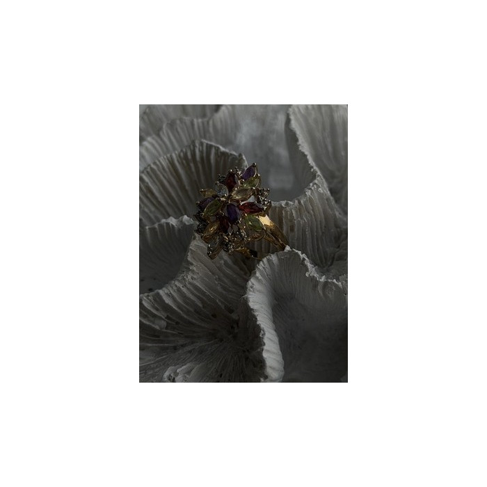 925 Sterling Silver Gold Plated Flower Multicolor Stones Ring Size 8