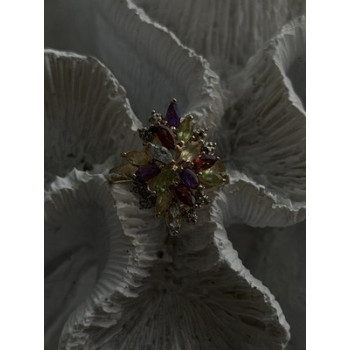 925 Sterling Silver Gold Plated Flower Multicolor Stones Ring Size 8