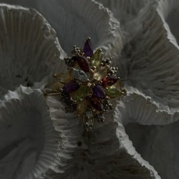 925 Sterling Silver Gold Plated Flower Multicolor Stones Ring Size 8