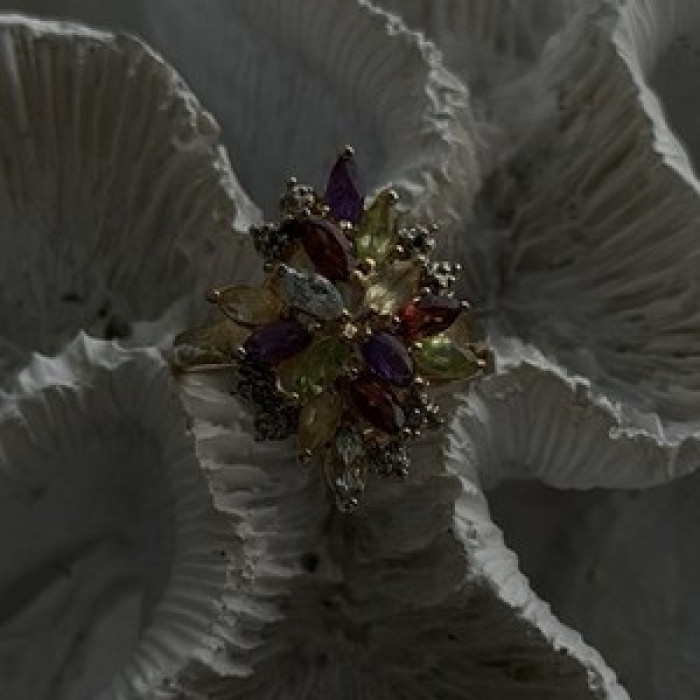 925 Sterling Silver Gold Plated Flower Multicolor Stones Ring Size 8