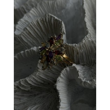 925 Sterling Silver Gold Plated Flower Multicolor Stones Ring Size 8