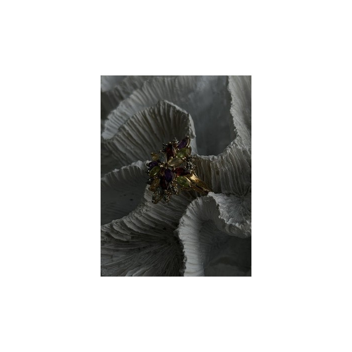 925 Sterling Silver Gold Plated Flower Multicolor Stones Ring Size 8
