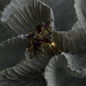 925 Sterling Silver Gold Plated Flower Multicolor Stones Ring Size 8