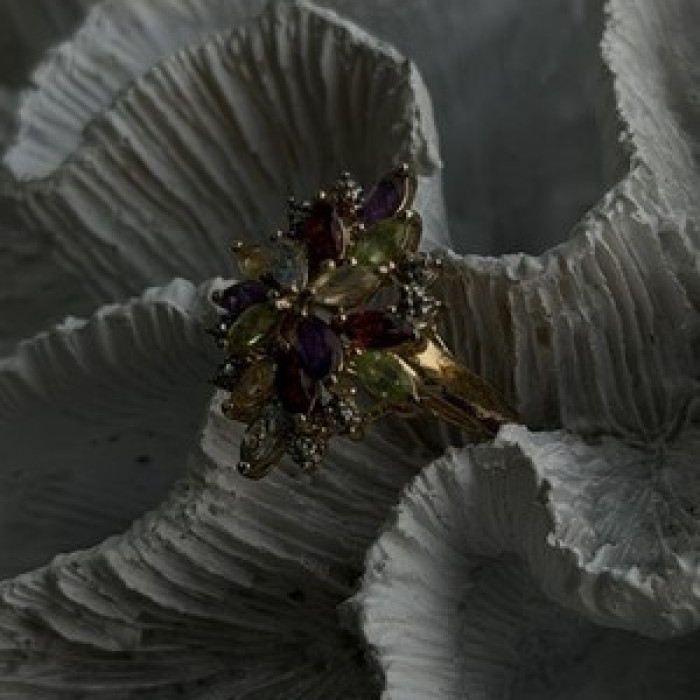925 Sterling Silver Gold Plated Flower Multicolor Stones Ring Size 8