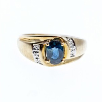 10K Yellow Gold London Blue Topaz & Diamonds Ring Size 10.5