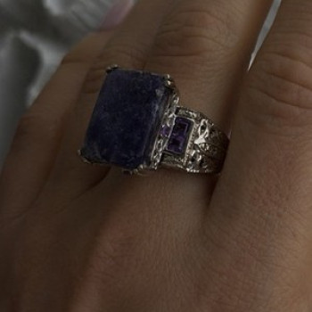 Vintage 925 Sterling Silver Charoite & Amethyst Ring Size 9