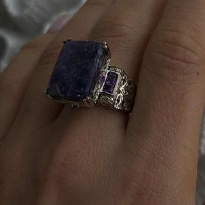 Vintage 925 Sterling Silver Charoite & Amethyst Ring Size 9