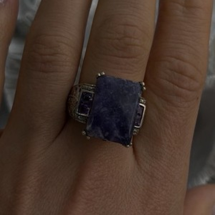 Vintage 925 Sterling Silver Charoite & Amethyst Ring Size 9