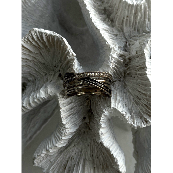 925 Sterling Silver White & Black Diamonds Ring Size 7