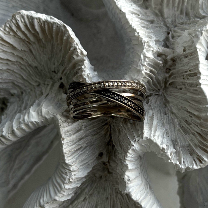 925 Sterling Silver White & Black Diamonds Ring Size 7