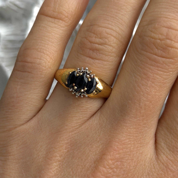 925 Sterling Silver Gold Plated Dark Blue Sapphire & Diamond Ring Size 7.5