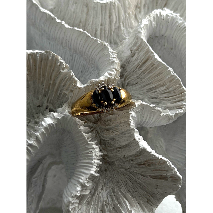 925 Sterling Silver Gold Plated Dark Blue Sapphire & Diamond Ring Size 7.5