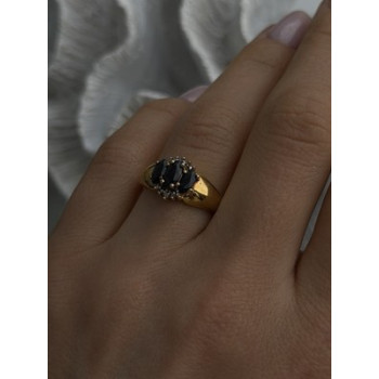 925 Sterling Silver Gold Plated Dark Blue Sapphire & Diamond Ring Size 7.5