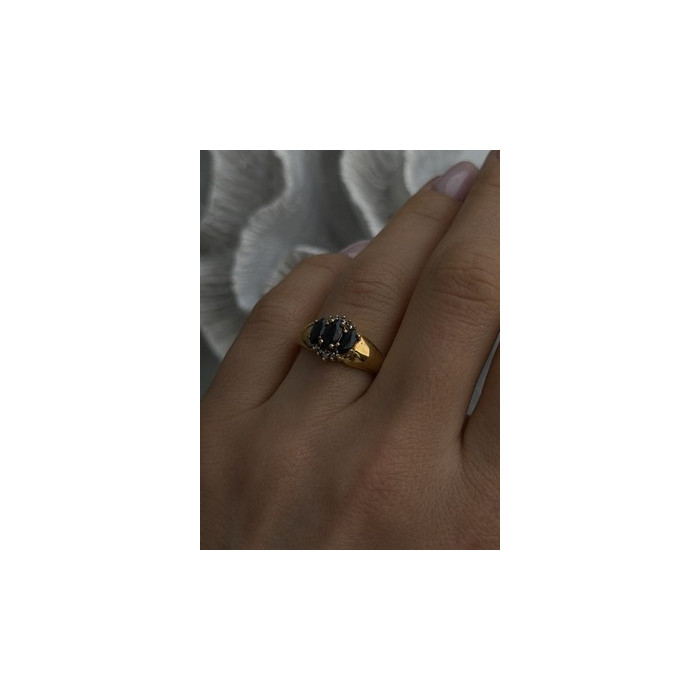 925 Sterling Silver Gold Plated Dark Blue Sapphire & Diamond Ring Size 7.5