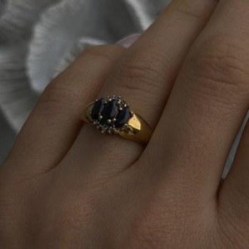 925 Sterling Silver Gold Plated Dark Blue Sapphire & Diamond Ring Size 7.5