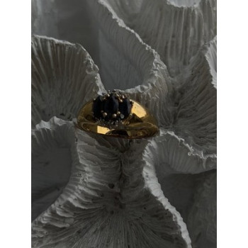 925 Sterling Silver Gold Plated Dark Blue Sapphire & Diamond Ring Size 7.5