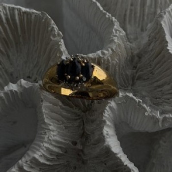 925 Sterling Silver Gold Plated Dark Blue Sapphire & Diamond Ring Size 7.5
