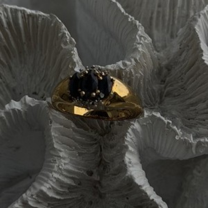 925 Sterling Silver Gold Plated Dark Blue Sapphire & Diamond Ring Size 7.5
