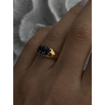 925 Sterling Silver Gold Plated Dark Blue Sapphire & Diamond Ring Size 7.5