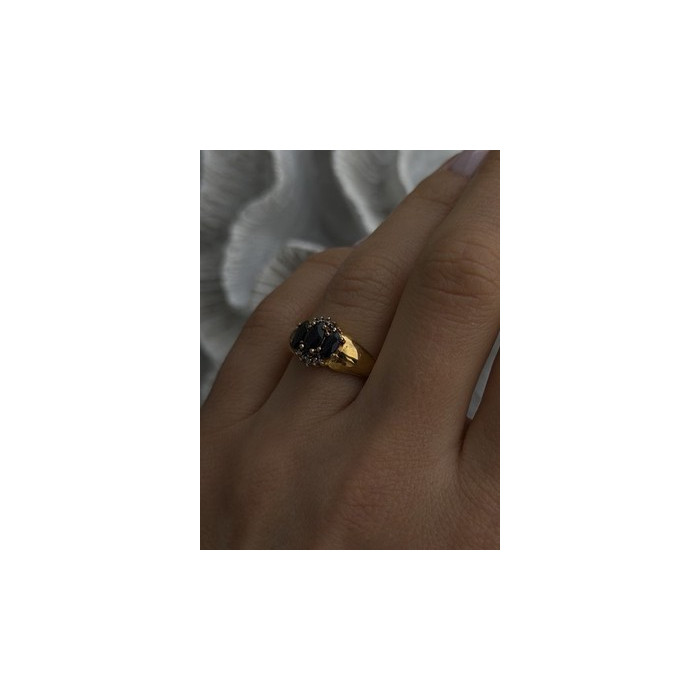 925 Sterling Silver Gold Plated Dark Blue Sapphire & Diamond Ring Size 7.5