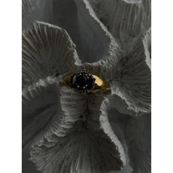 925 Sterling Silver Gold Plated Dark Blue Sapphire & Diamond Ring Size 7.5