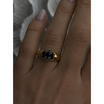 925 Sterling Silver Gold Plated Dark Blue Sapphire & Diamond Ring Size 7.5